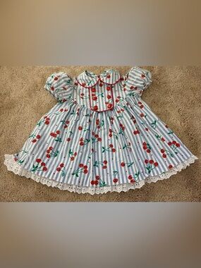 Caitlyn Scott®️ Vintage Blue & White Stripe Cherry Dress with Eyelet Trim 2T